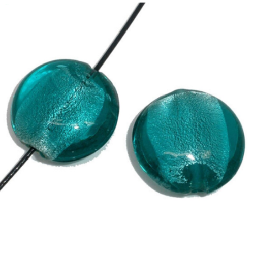 Perle en verre filé au chalumeau - ronde et plate - turquoise - 20 mm - p1325