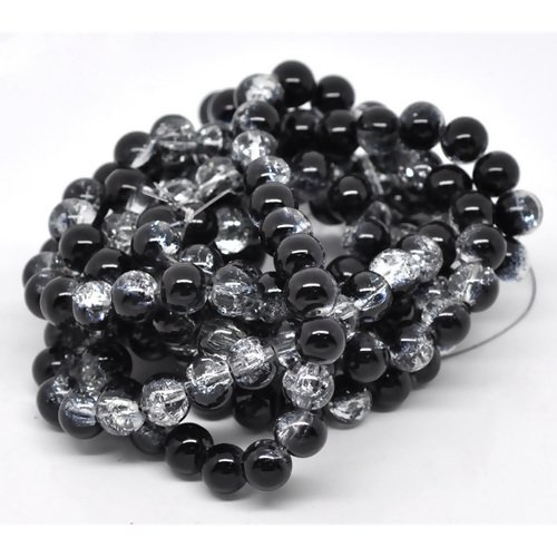 Lot de 10 perles craquelées en verre - noires - 10 mm - p1379