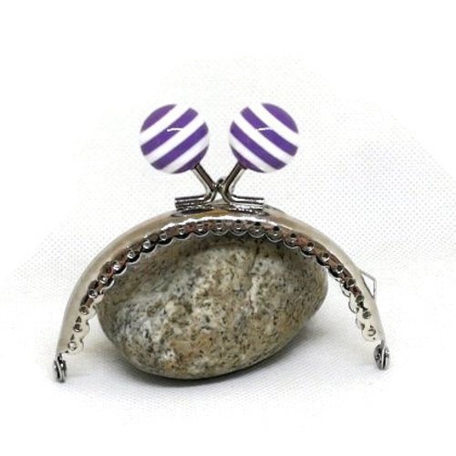 1 fermoir porte monnaie claps demi cercle - fermoir perle rayures violet et blanc  - couleur métal argenté