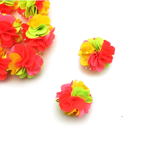1 pendentif - breloque pompon fleurs - tons vert - jaune - orange - r8408