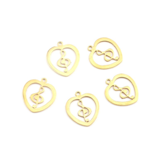 1 breloque pendentif - coeur note de musique -  dorée - acier inoxydable