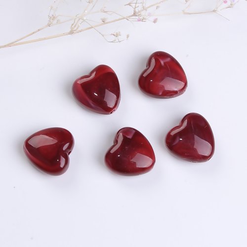 Perle coeur en acrylique - bordeaux effet marbré -  lot de 10 - 14 mm - ref p-1177