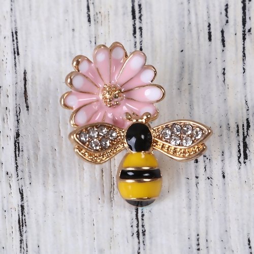1 breloque pendentif abeille sur la fleur rose - email - métal doré