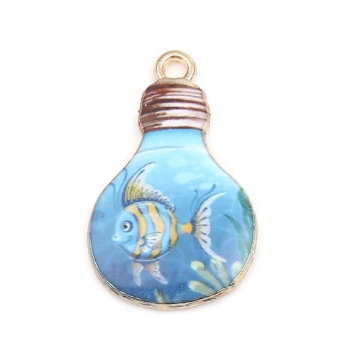 1 breloque pendentif ampoule - poisson - email - métal doré