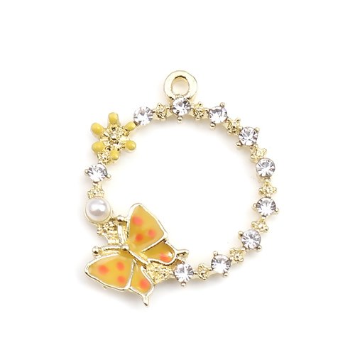 1 breloque pendentif papillon - strass - email jaune - métal doré