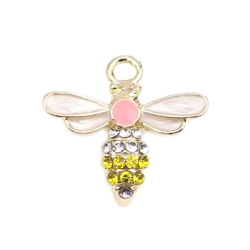 1 breloque pendentif abeille - strass - email rose - métal doré