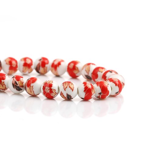 Perle ronde en céramique - fleurs rouges - lot de 10 - 9 mm - p300