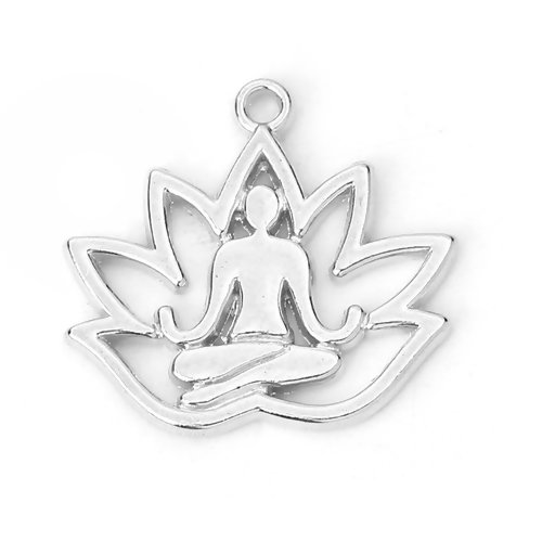 1 pendentif breloque fleurs de lotus - bouddha - couleur métal argenté