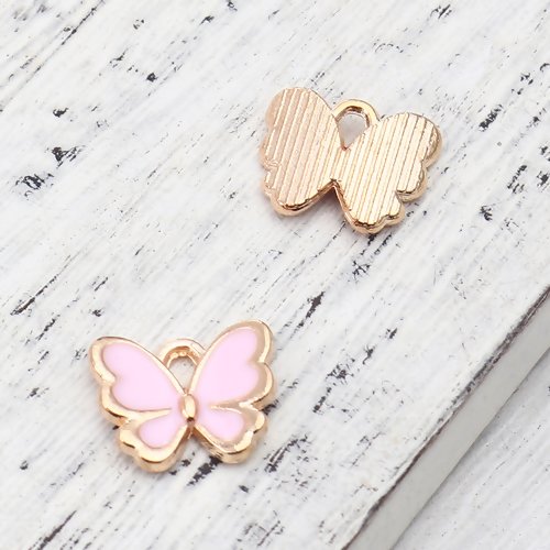 1 breloque papillon rose - émaillé - couleur métal doré - r550