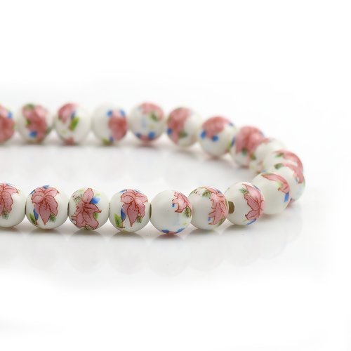 Perle ronde en céramique - fleurs rose - lot de 10 - 9 mm - p303