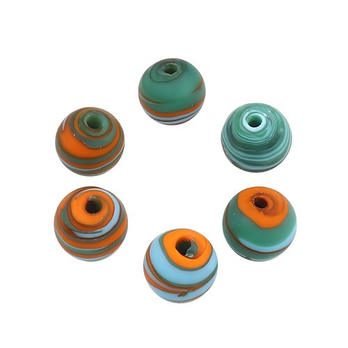 Perle ronde en verre - bleu rayé orange - lot de 5 - 11 mm - p1460