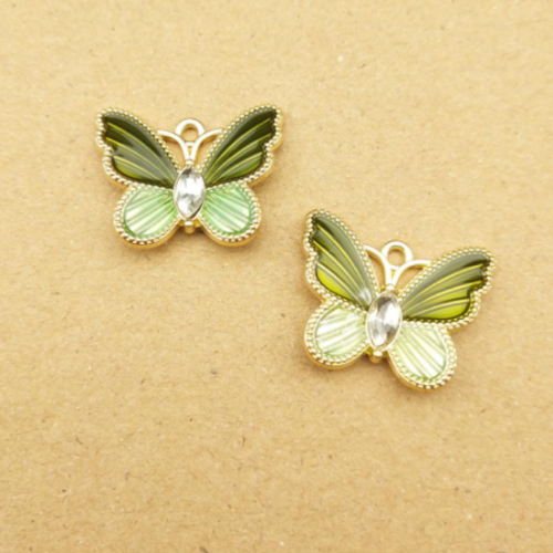 1 breloque papillon vert - strass - émaillé - couleur métal doré