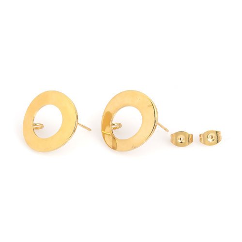 1 paire de boucles d'oreille puces - forme ronde en acier inoxydable 304 - couleur métal doré - 18 mm - r304