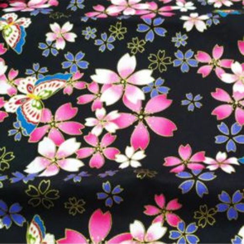 Coupon de tissu fantaisie - japonais fleuri fond noir