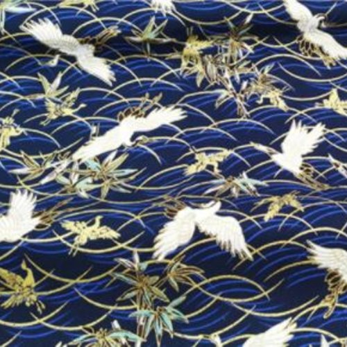 Coupon de tissu fantaisie - japonais oiseau fond bleu marine
