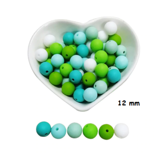 Lot de 10 perles en silicones - 12 mm - tons turquoise - vert - blanc