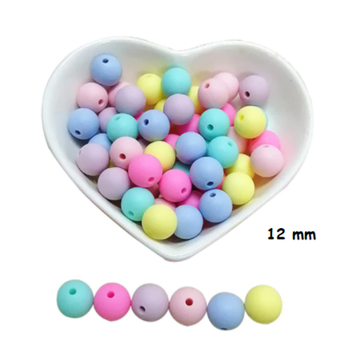 Lot de 10 perles en silicones - 12 mm - tons jaune - rose - vert - bleu - parme - fuchsia - r042