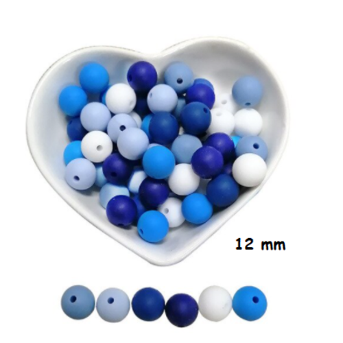 Lot de 10 perles en silicones - 12 mm - tons bleu - blanc - bleu roi - r041