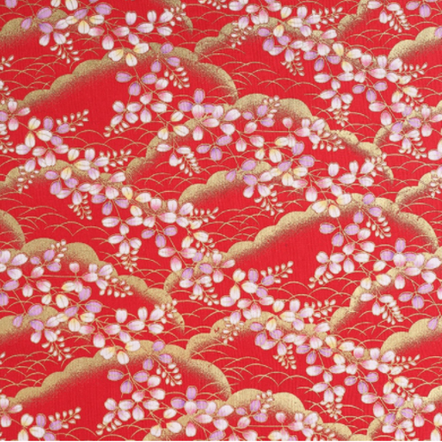 1 coupon de tissu asie - fleurs - fond rouge