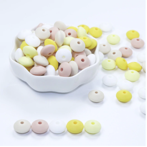 Lot de 10 perles lentilles en silicones - 12 x 7 mm - jaune - beige - blanc - saumon