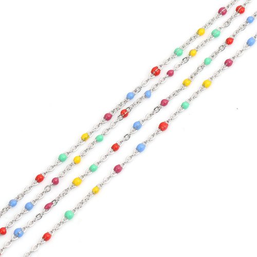 1 chaîne maille forçat - perle multicolore - acier inoxydable -  couleur métal argenté - r274