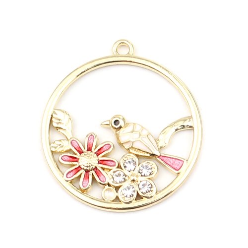 1 pendentif oiseaux - fleurs - perle - couleur métal doré