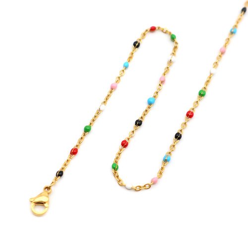 1 collier chaine maille forçat - perle multicolore - acier inoxydable 304 -  couleur métal doré - r330