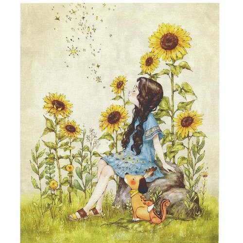 1 coupon tissu / appliqué / vignette - 20 x 25 cm - la fille et les tournesols