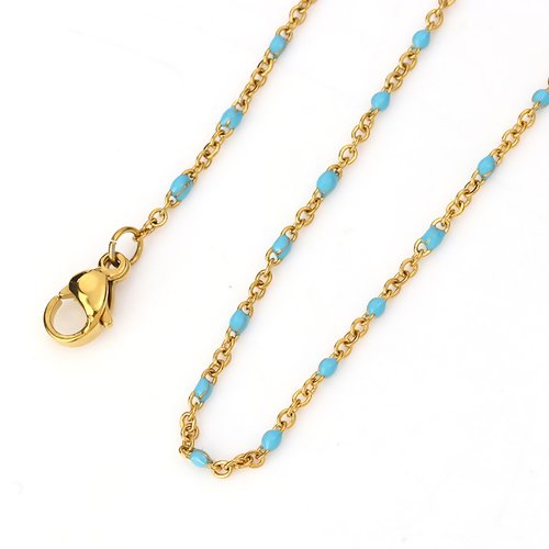 1 collier chaîne maille forçat - perle bleue - acier inoxydable -  couleur métal doré - 45 cm - r283