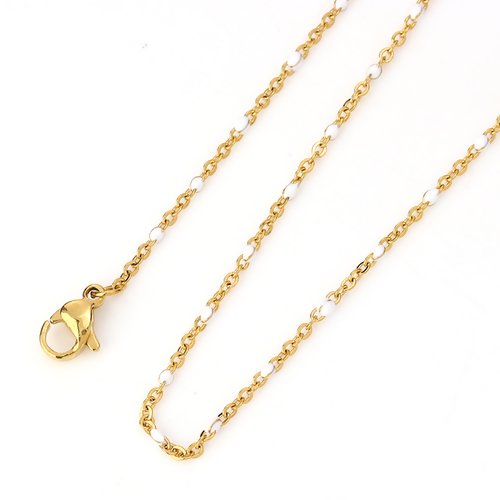 1 collier chaîne maille forçat - perle blanche - acier inoxydable 304 -  couleur métal doré - 45 cm. r286