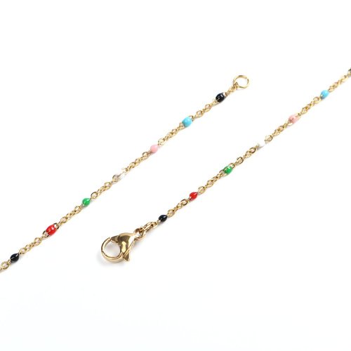 1 collier chaine maille forçat - perle multicolore - acier inoxydable 304 -  couleur métal doré - r855