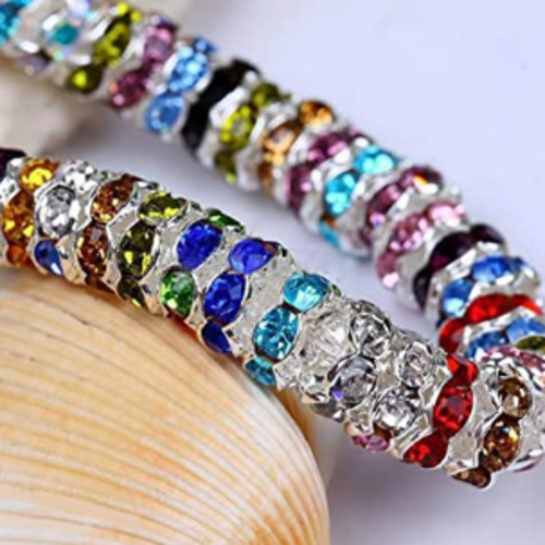 Lot de 20 perles intercalaires strass multicolores - argentées - 8 mm - p205