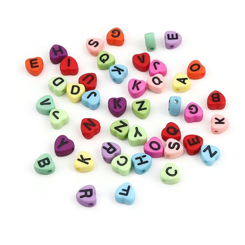1 lot de 300 perles coeur lettres alphabet en acrylique - lettres noires sur fond multicolores