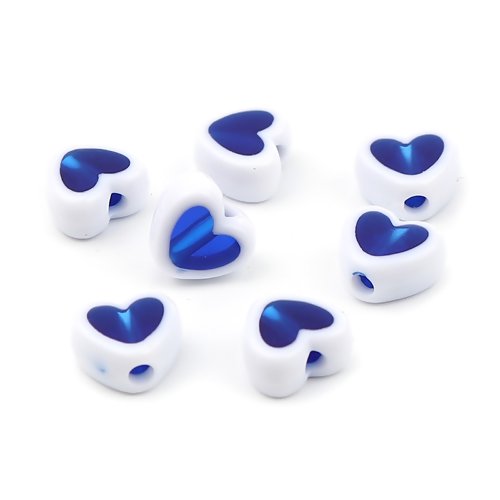 1 lot de 50 perles coeur en acrylique - coeur bleu sur fond blanc - r490