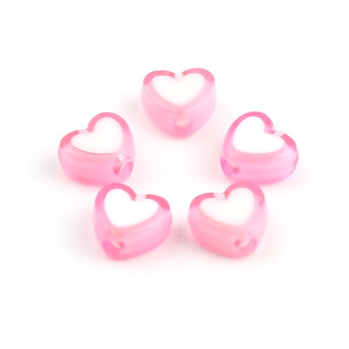 1 lot de 50 perles coeur en acrylique - coeur blanc sur fond rose - r624