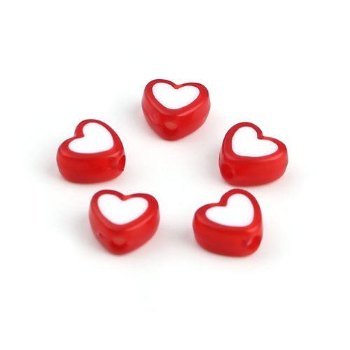 1 lot de 50 perles coeur en acrylique - coeur blanc sur fond rouge - r621