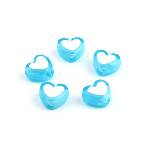 1 lot de 50 perles coeur en acrylique - coeur blanc sur fond bleu - r628