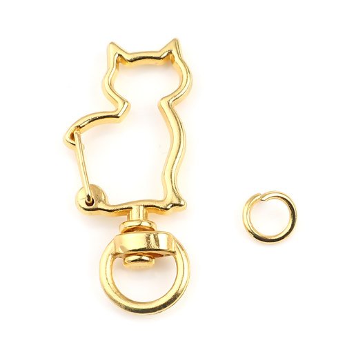 1 porte clé mousqueton - chat - anneau pivotant - couleur doré