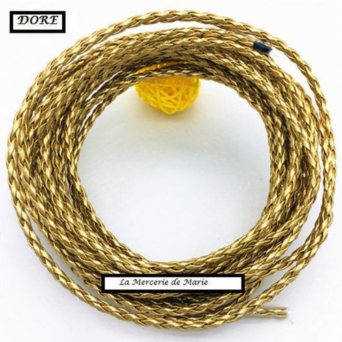 1 m de cordon tressé cuir - rond - 3 mm - doré