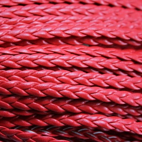 1 m de cordon tressé simili cuir - plat - 5 mm - rouge