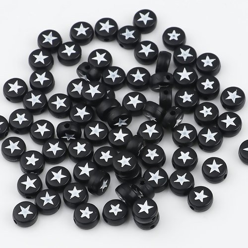 1 lot de 100 perles etoiles blanches sur fond noir en acrylique