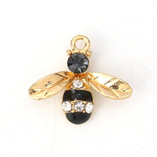 1 breloque abeille - strass - émaillé noir - couleur métal doré