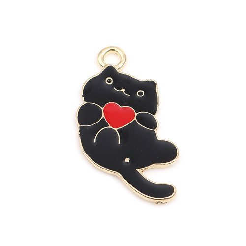 1 breloque chat - coeur - émaillé noir et rouge