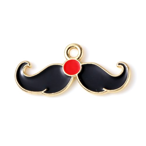 1 breloque - pendentif moustache - émaillé noir et rouge