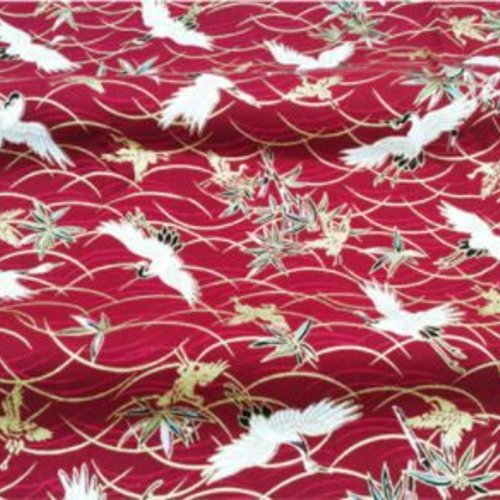 Coupon de tissu fantaisie - japonais oiseau fond rouge
