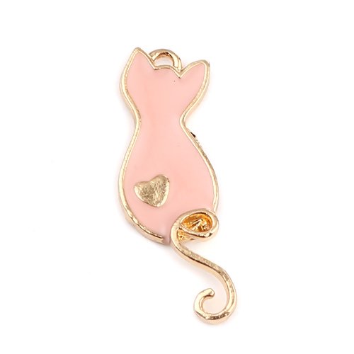 1 breloque pendentif chat - coeur - emaillé rose