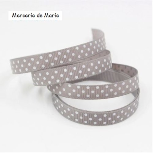 Ruban à pois blanc fond gris - ruban gros grain - vendu au mètre