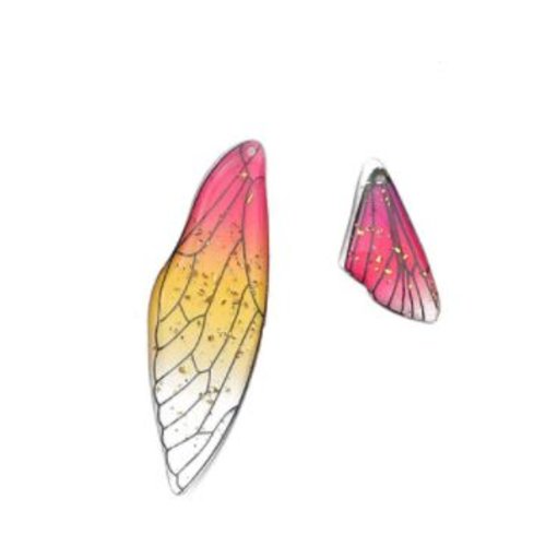 Lot de 2 pendentifs aile de papillon en résine - fuchsia - jaune - r0104
