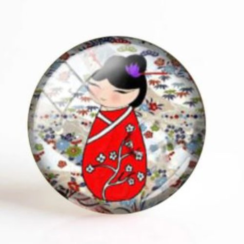 1 cabochon en verre - 25 mm - kokeshi kimono rouge