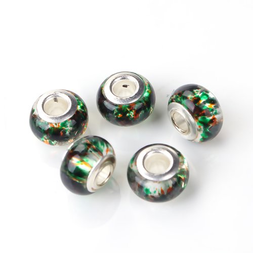 1 perle en verre  "style européen " - vert - ambre - 14 mm - p1402